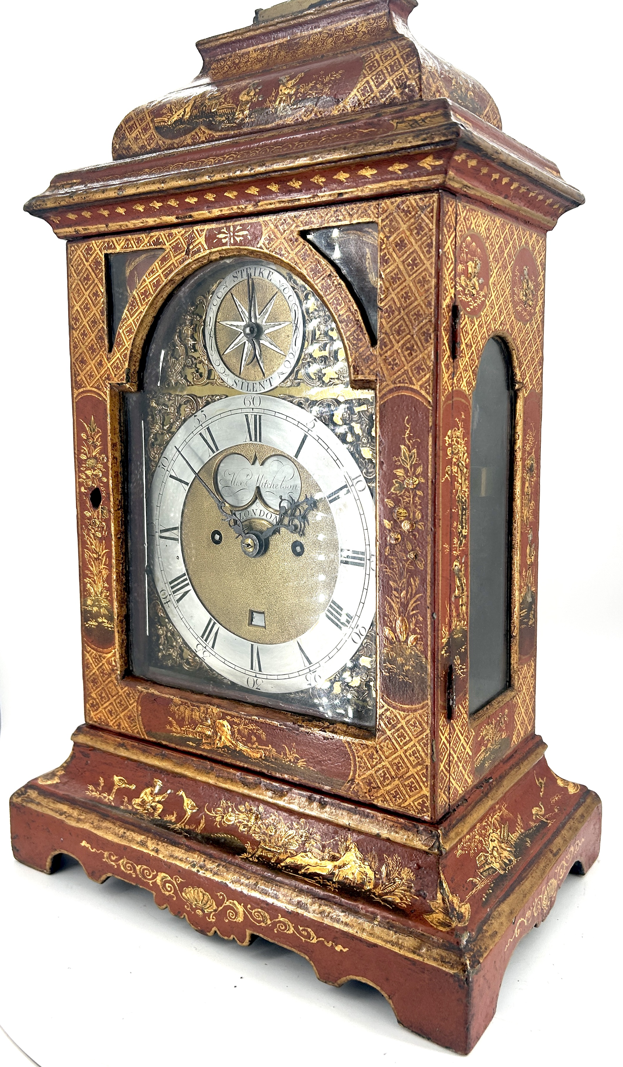 Outstanding Red Chinoiserie English Verge Twin Fusee Bracket Clock – Ca 1760 twin fusee Antique Clocks 21